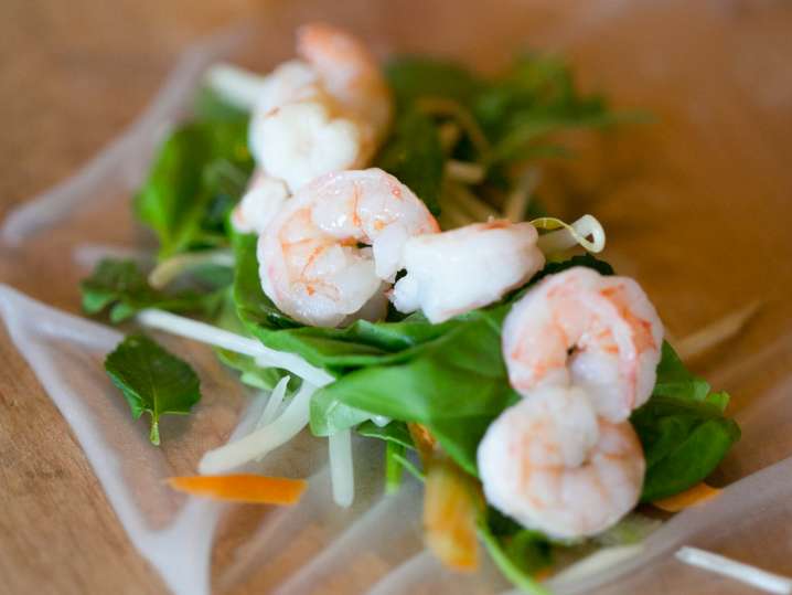 shrimp and vegetables on a rice paper wrapper Shot