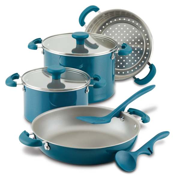 Rachael Ray Create Delicious Enameled Aluminum 8-Piece Stacking Cookware Set Teal