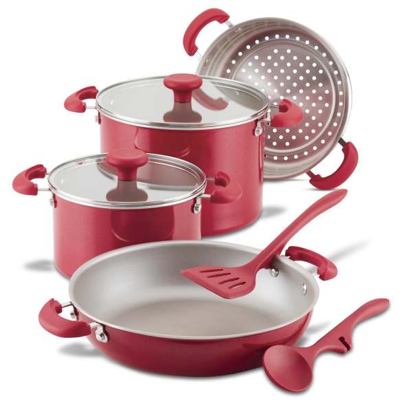 Rachael Ray Create Delicious Enameled Aluminum 8-Piece Stacking Cookware Set Red