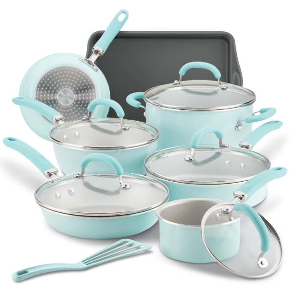 Rachael Ray Create Delicious Enameled Aluminum 13-Piece Cookware Set Light Blue