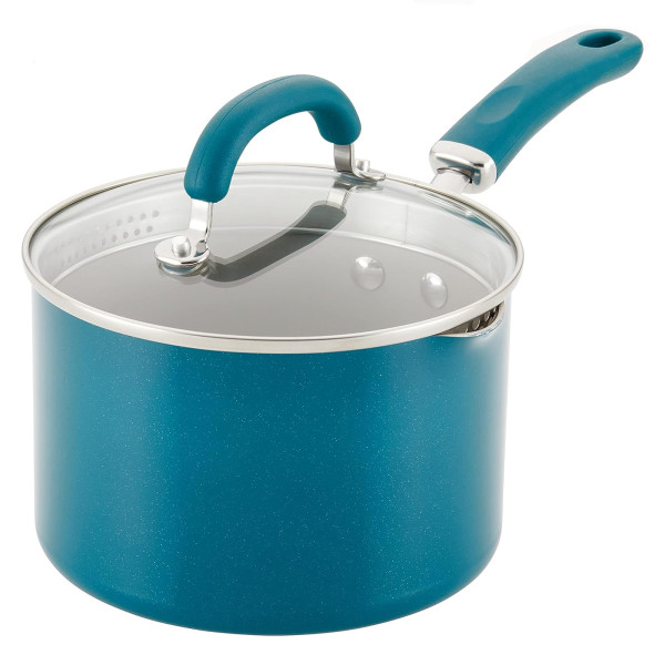 Rachael Ray Create Delicious Enameled Aluminum 3-Quart Straining Saucepan Teal