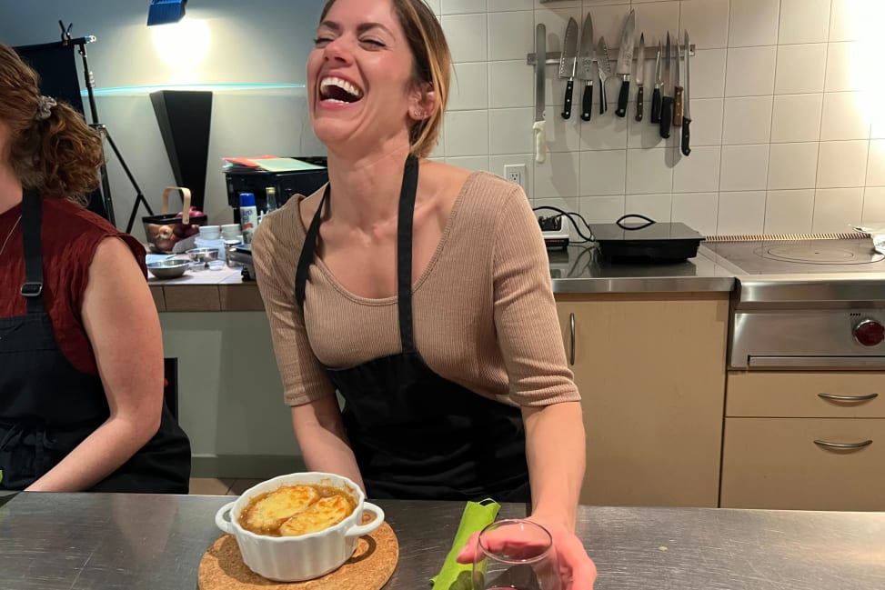 having a great time laughing during a cooking class next to a serving of French onion soup | Classpop Shot 2