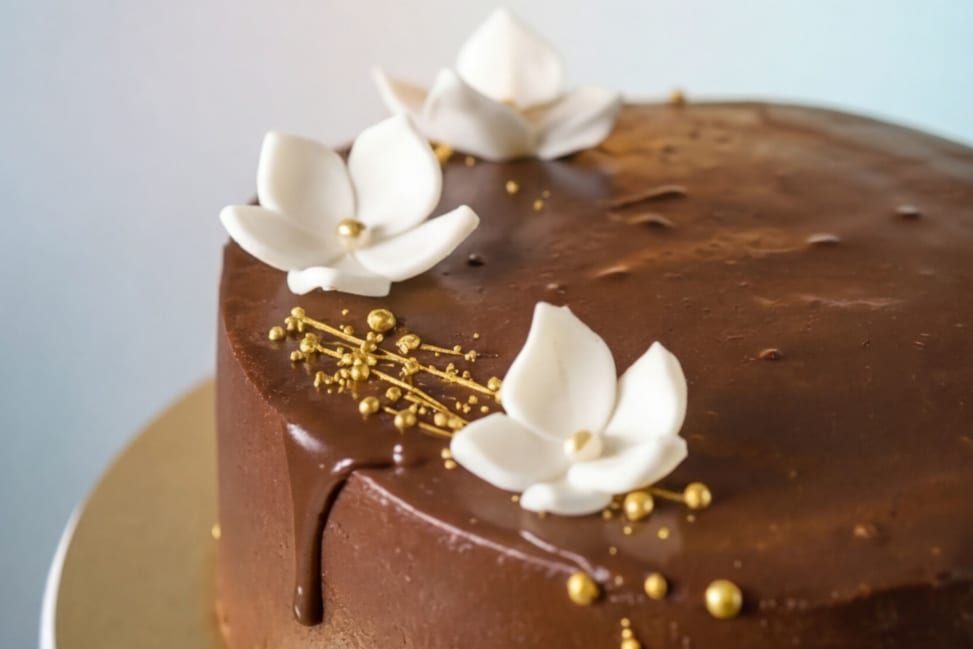 chocolate cake decorated with white fondant flower petals from top view | Classpop Shot 4
