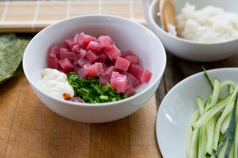 sushi ingredients with fresh tuna, cucumber, and rice Shot 2