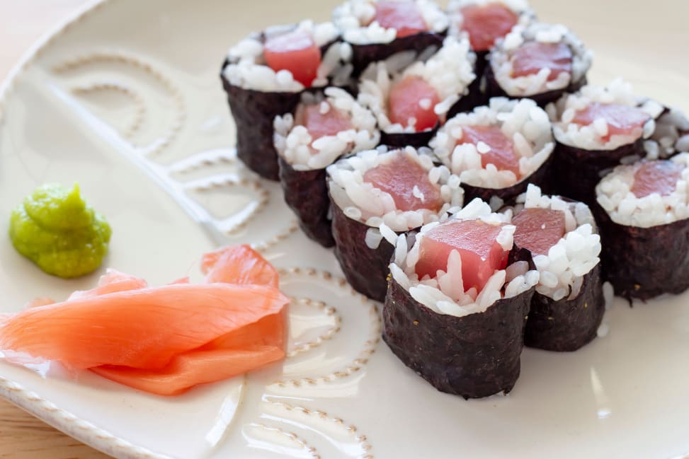 tuna homosaki rolls on a plate with ginger and wasabi Shot 3