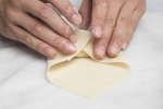 chef's hands folding an eggroll wrapper Shot