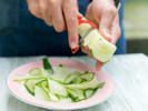Cooking Class - Greek Chicken Souvlaki in Brooklyn: shaving cucumber