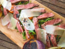 Cooking Class - Tuscan Steak Lovers - Date Night in Northern Suburbs: Steak with Capers, Arugula and Parmesan on a wooden board