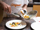 Cooking Class - Persian Cuisine Favorites in Boulder: A chef plating roasted tomatoes and seasonal vegetables with olive oil and Persian herbs on a white plate