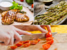 Cooking Class - Garden-Fresh Italian in Downtown Dallas: collage for Al Fresco Italian cooking class on Cozymeal with grilled chicken, asparagus and chef cutting tomatoes