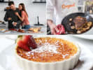 Cooking Class - Prime Pairings - Date Night in South Bay & Peninsula: Collage of vanilla bean crème brûlée, seared steak in a pan, couple cooking together, steak plate with greens, and a golden-brown popover.
