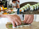 Cooking Class - Handcrafted Sushi - Date Night in Manhattan: Collage of people making sushi, shrimp tempura rolls, and sushi rolls with avocado and toppings.