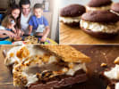 Cooking Class - Baked Treats Workshop - Family Fun in South Bay & Peninsula: Collage of kids baking together, whoopie pies on a tray, and gooey brownie s’mores bars.