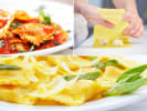 Cooking Class - Pasta Focus: Homemade Ravioli in South Bay & Peninsula: Collage of fresh pasta being rolled, filled ravioli on a plate, boiling pasta, and finished dishes with sauce and garnish.