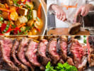 Cooking Class - Equipment Focus: Knife Skills in South Bay & Peninsula: Collage of slicing vegetables, cooked steak, minestrone soup, and panzanella salad.