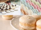Cooking Class - Icons of French Baking in South Bay & Peninsula: Collage of vanilla macarons being piped, filled, and arranged in rows in assorted colors.