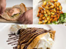 Cooking Class - Elegant French Classics in Manhattan: Collage of salmon en papillote prep, shaved fennel, roasted potatoes, and chocolate crÃªpe with whipped cream.