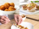 Cooking Class - A Regal Taste of Downton Abbey in Northern Suburbs: Collage image of plated dishes – A collage featuring seared scallops with garnish, golden potato puffs, a green bean and bacon sauté, and halved baby potatoes on a wooden board.