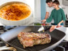 Cooking Class - Flame Grilled Fun - Date Night in Northern Suburbs: Collage of vanilla bean crème brûlée, seared steak in a pan, couple cooking together, steak plate with greens, and a golden-brown popover.