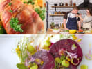 Cooking Class - Grape Gastronomy - Date Night in Northern Suburbs: Collage of roasted beet salad, couple prepping ingredients, prosciutto-wrapped chicken, and risotto topped with shaved cheese.