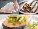 Cooking Class - The Art of Classic French Cooking in Northern Suburbs: Collage of salmon en papillote prep, shaved fennel, roasted potatoes, and chocolate crêpe with whipped cream.