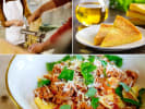 Cooking Class - The Path to Pasta Mastery in Northern Suburbs: Collage of pappardelle with Bolognese, roasted broccoli with shaved Parmesan, pasta rolling, and olive oil polenta cake.