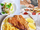 Cooking Class - Bold and Bavarian - Date Night in Northern Virginia: Collage of spaetzle with herbs, apple fennel salad, pork schnitzel with lemon, couple cooking, and spiced apple cake in a tart pan.