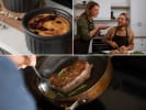 Cooking Class - Iconic New York Steakhouse - Date Night in Northern Virginia: Collage of vanilla bean crÃ¨me brÃ»lÃ©e, seared steak in a pan, couple cooking together, steak plate with greens, and a golden-brown popover.