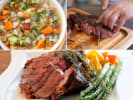 Cooking Class - Knife Skills and Rustic Italian Cuisine in Downtown Dallas: Collage of slicing vegetables, cooked steak, minestrone soup, and panzanella salad.