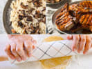 Cooking Class - Bold Late Summer Italian Recipes in Northern Virginia: Collage of pork chops, wild mushroom risotto being stirred, plated risotto, and spiced apple crostata.