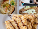 Cooking Class - An Aromatic French Feast in Downtown Dallas: Collage of salmon en papillote prep, shaved fennel, roasted potatoes, and chocolate crêpe with whipped cream.