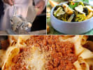 Cooking Class - Handmade Pappardelle and Hearty Bolognese in Downtown Dallas: Collage of pappardelle with Bolognese, roasted broccoli with shaved Parmesan, pasta rolling, and olive oil polenta cake.