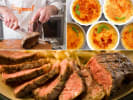 Cooking Class - Bold Brasserie Bites in South Bay & Peninsula: collage for Brasserie Favorites cooking class on Cozymeal featuring steak, crème brûlée and chef cutting steak