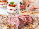 Cooking Class - A Celebration of Culinary Color in South Bay & Peninsula: collage for Celebrating Colorful Cooking class on Cozymeal with parfait, roasted steak and chef cutting mushrooms