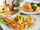 Cooking Class - Thai Cuisine for Couples - Date Night in Downtown Dallas: collage for Date Night: Exploring Thai Flavors cooking class on Cozymeal featuring pad thai, chef cuttin fresh lime and curry