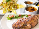 Cooking Class - Sundays in Paris - Date Night in Downtown Dallas: collage of mustard coated chicken, endive salad and torching creme brulee