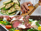 Cooking Class - Grilled Tuscan Flavors - Date Night in Downtown Dallas: a collage of steak tagliata, grilled zucchini and chef grating parmesan cheese