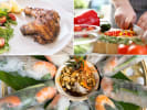 Cooking Class - Southeast Asian Sensations - Date Night in Manhattan: Scenes from Date Night: Touring Southeast Asia cooking class â€“ A collage showing spring roll assembly, sliced grilled chicken with salad, and finished plated spring rolls.