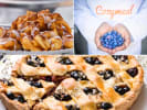 Cooking Class - The Americana Bake-Off in Downtown Dallas: a collage of fair favorite desserts and chen in Cozymeal apron holding fresh blueberries