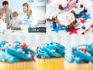 Cooking Class - Creative American Cupcakes - Family Fun in Northern Suburbs: Collage from Family Fun: All-American Cupcakes class – A mix of hands-on decorating, kids baking, and patriotic cupcakes topped with red, white, and blue sprinkles and tiny flags.