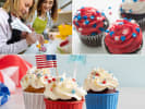 Cooking Class - Firework Cupcakes - Family Fun in Northern Virginia: Collage from Family Fun: All-American Cupcakes class â€“ A mix of hands-on decorating, kids baking, and patriotic cupcakes topped with red, white, and blue sprinkles and tiny flags.