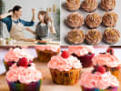 Cooking Class - Joyous Cupcake Creations - Family Fun in South Bay & Peninsula: collage of mom and daughter baking cupcakes, peanut butter frosted cupcake and rapberry buttercream topped cupcakes