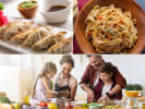 Cooking Class - Tasty Takeout Tips - Family Fun in Northern Suburbs: a collage of family having fun cooking, lo mein noodles and dumplings