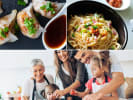 Cooking Class - Noodles to Dumplings - Family Fun in Downtown Dallas: a collage of family having fun cooking, lo mein noodles and dumplings