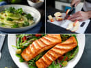 Cooking Class - Classic French Cooking Made Simple in Downtown Dallas: a collage of grilled salmon, apple and fennel salad and chef cutting apple