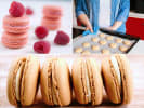 Cooking Class - The Sweet Elegance of Macarons in Downtown Dallas: Scenes from French Heritage Macarons cooking class – A collage featuring hands assembling macarons, trays of piped shells, and close-ups of finished vanilla macarons in a bowl.