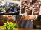 Cooking Class - A French Bistro Feast in Downtown Dallas: a collage of a chef tossing salad, chocolate mousse and mussels