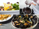 Cooking Class - Flavors of France’s Coastline in South Bay & Peninsula: a collage of a chef whisking chocolate, Lyonnaise salad and mussels