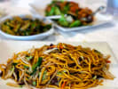 Cooking Class - Chinese Selections - Family Fun in South Bay & Peninsula: Hot Chow Mein Noodles in White Ceramic Plate