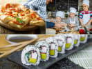 Cooking Class - Global Expedition - Kids' Summer Series in Downtown Dallas: a collage featuring kids' cooking class series where they prepare fresh sushi, pasta, pizza and other dishes from global cuisines